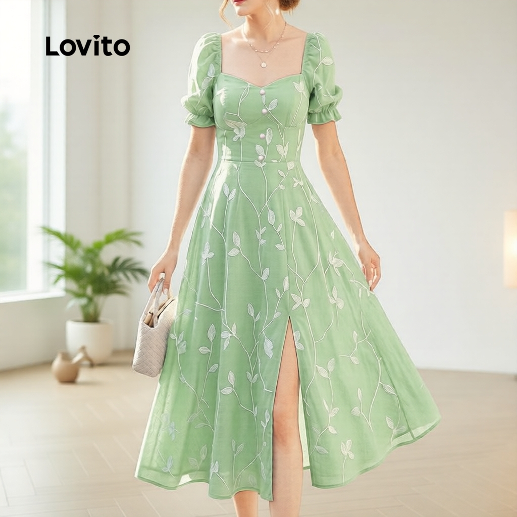 (NEW) Lovito Vestido Casual com zíper e babados primavera/verão vestido verde para mulheres LBL32073