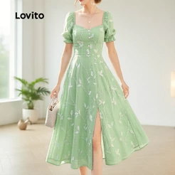 (Elegante) Lovito Vestido com zíper e babados primavera/verão vestido verde para mulheres LBL32073