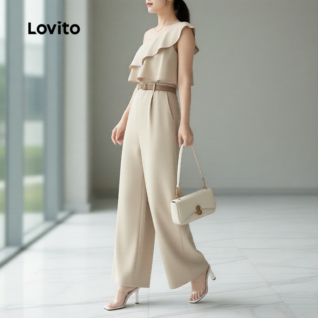 (NEW) Lovito Macacão Elegante Assimétrico Babado Dupla Camada Macacão Khaki Claro para Mulheres. L171AD042