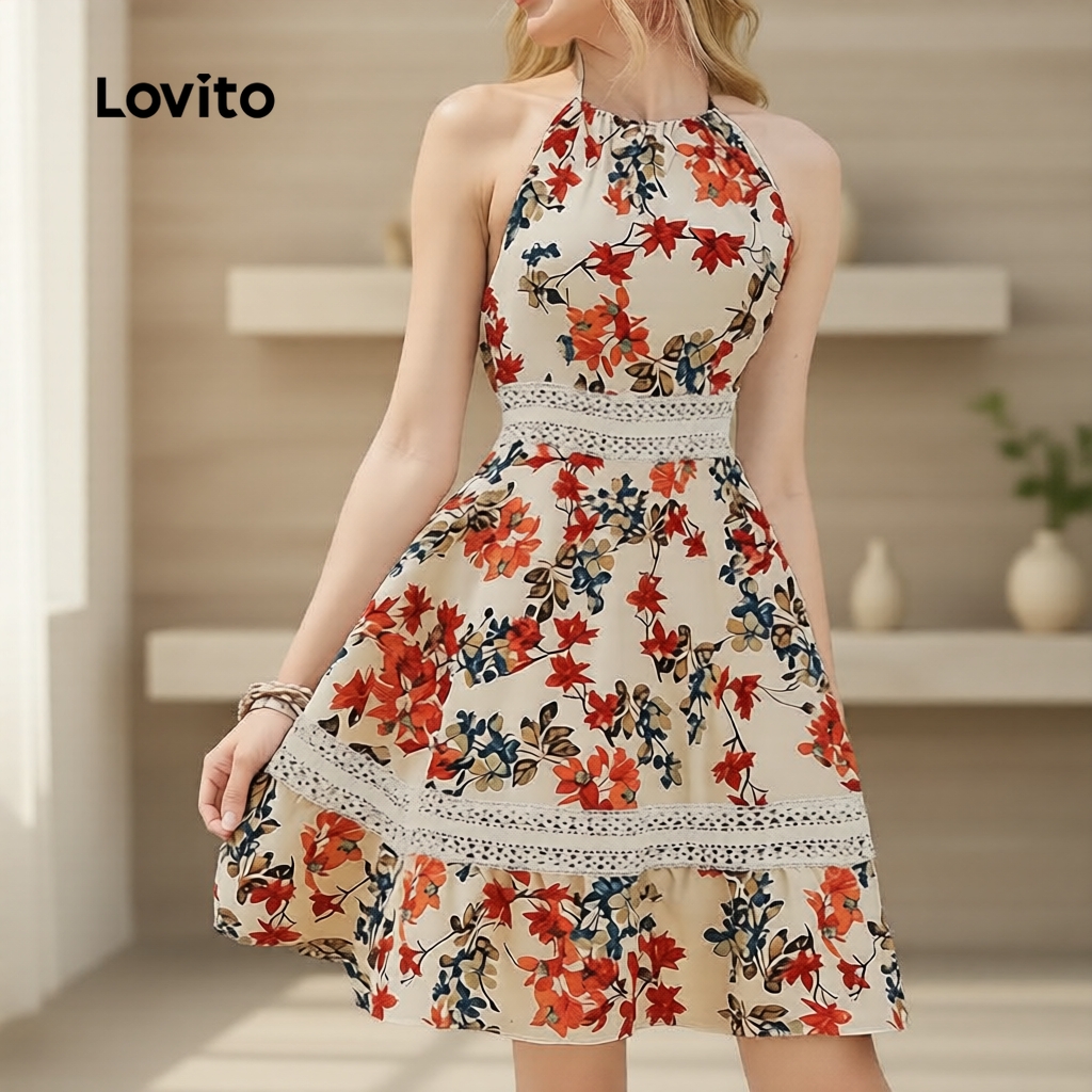 (NEW) Lovito  Vestido Boho Tecido de Renda com Costura Flores Vestido Primavera/verão para Mulheres L172ED780 em Oferta na Shopee