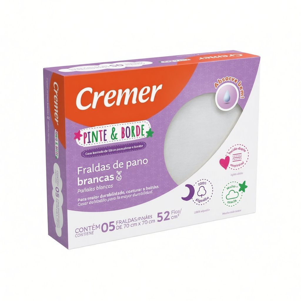 Fralda de Pano Pinte Borde Branca Cremer Muito Macia Tecido Duplo 100% Algodão 52 fios/cm²