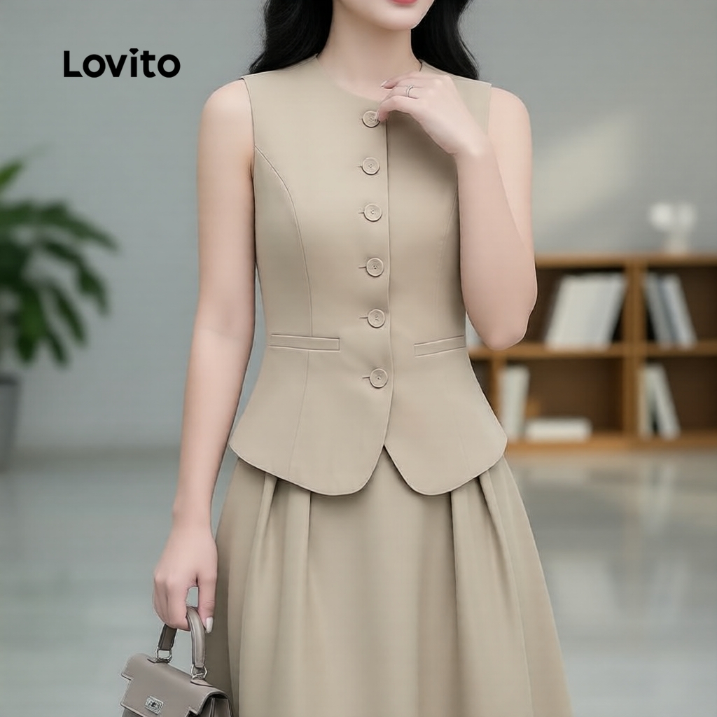 Lovito Saias ou Tops Elegantes com Botão para Primavera/Verão Khaki para Mulheres L172ED1488 em Oferta na Shopee