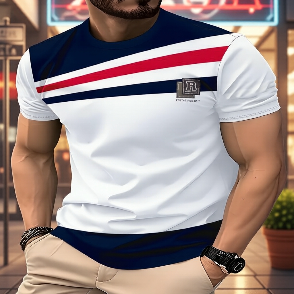  Camiseta Masculina de Gola Redonda Estampada 3D - Manga Curta Macia, Branca, Casual para Primavera, Verão e Outono