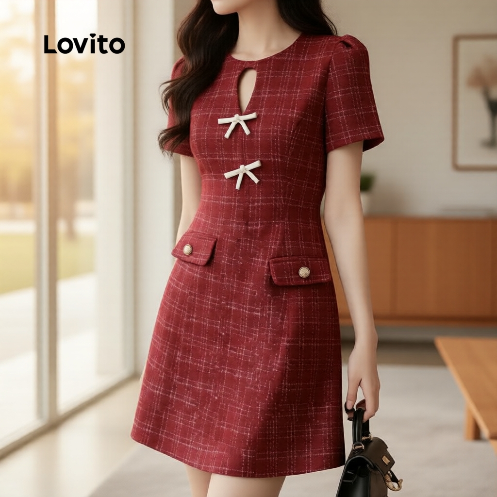Lovito Vestido Casual Feminino Botões Laço Frente Primavera/Verão Claret LK2ED818 em Oferta na Shopee