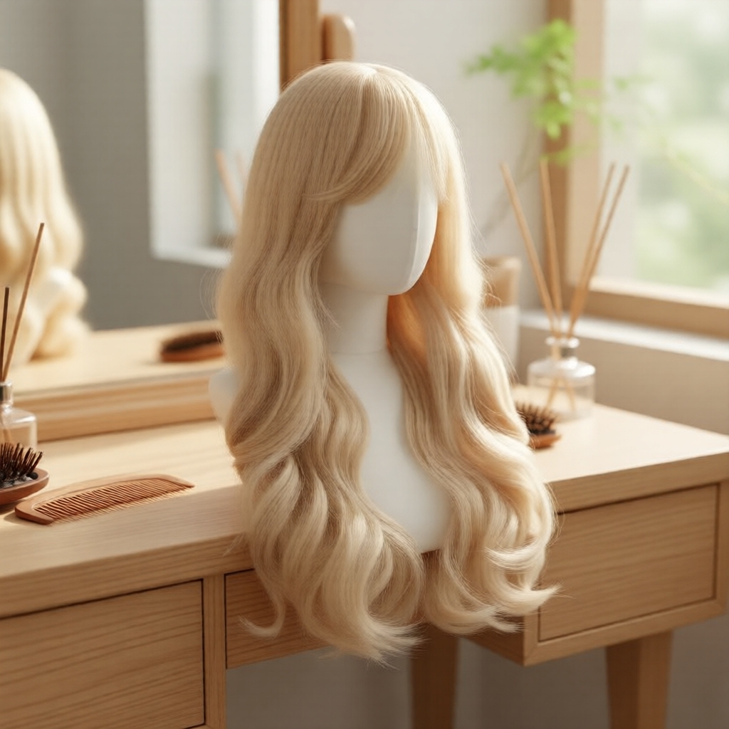 Peruca ondulada loira clara de 60 cm com franja natural, peruca adesiva para mulheres
