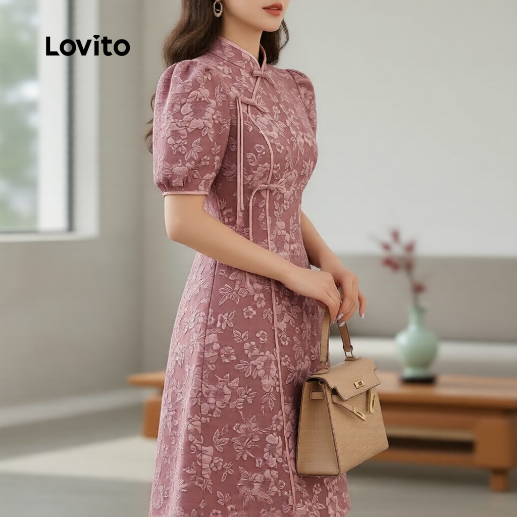 Lovito Vestido Elegante Jacquard Estilo Chinês Primavera/Verão Cinza Rosa Feminino L165ED230 em Oferta na Shopee