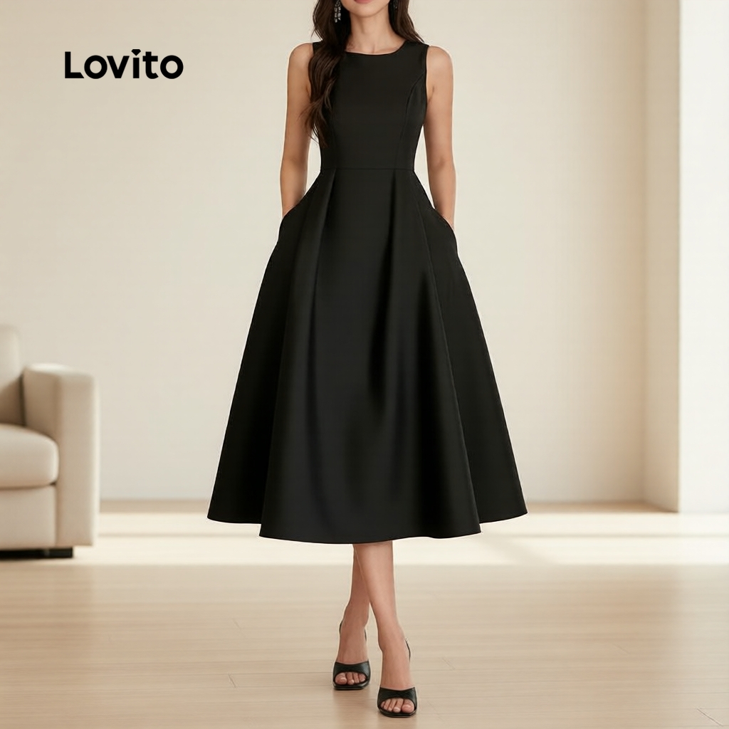 Lovito Elegante Vestido Feminino Preto com Zíper e Pregas Primavera/Verão L172LD