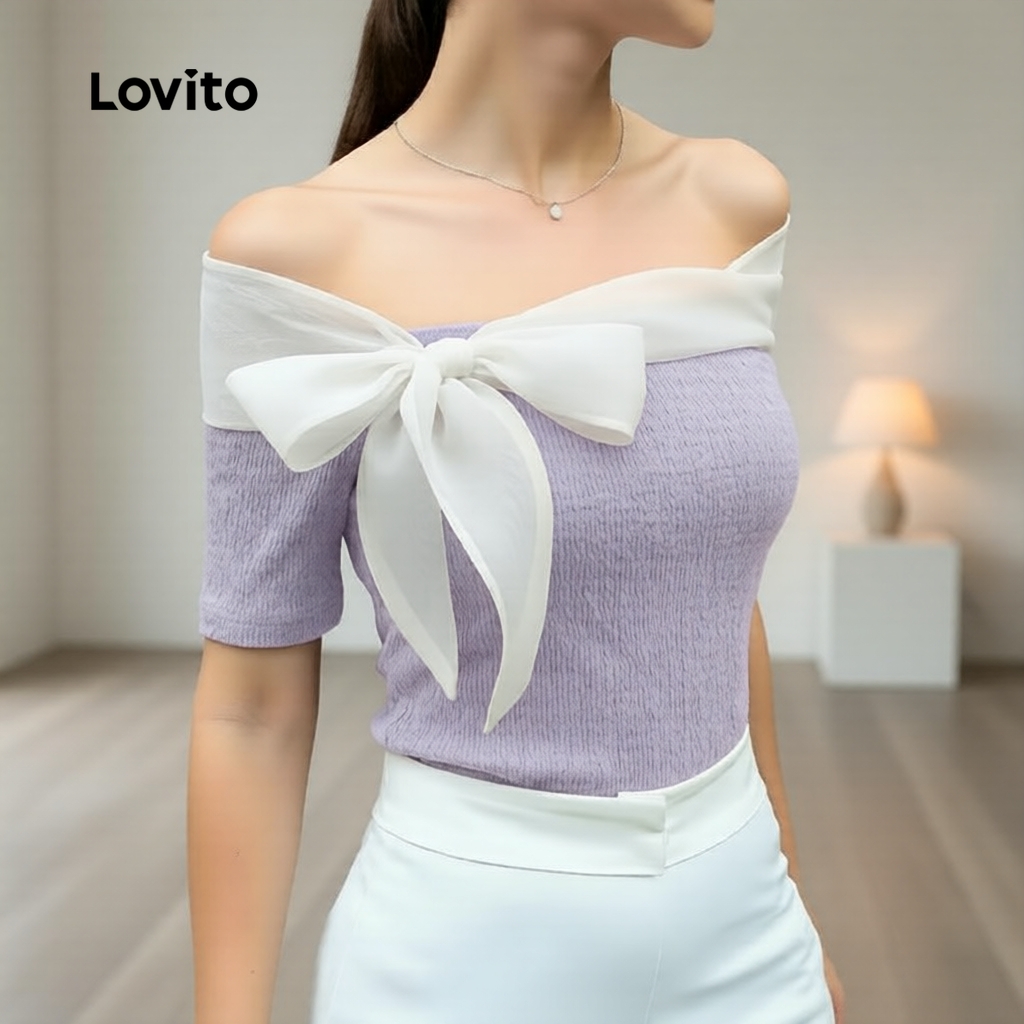 (NEW) Lovito  Camiseta Casual Plissada Colorblock Laço Primavera/verão Roxa para Mulheres L171ED580 em Oferta na Shopee