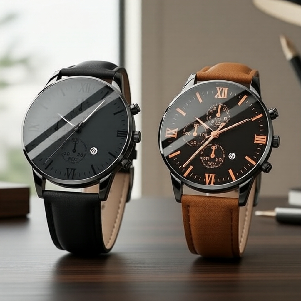 Conjunto Relógio Masculino Casual de Quartzo 2 Peças - Mostrador com Numerais Árabes, Pulseira de Couro, Calendário,