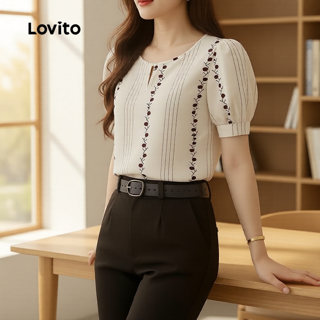 (Elegante) Lovito Blusa com Sensação de Linhas Padrão Corte Vazado Blusa Primave
