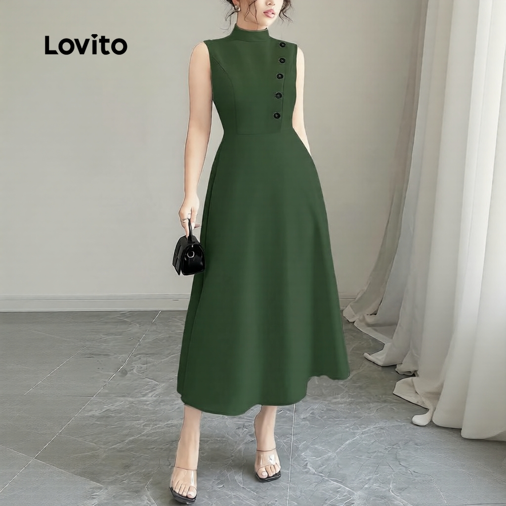 (Elegante) Lovito Vestido Verde Primavera/verão Clássico e Versátil com Botões Na Frente e Zíper para mulheres LBL33004