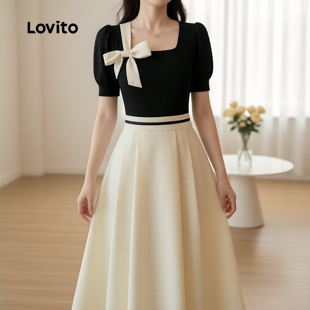 (NEW) Lovito Vestido elegante Colorblock arco primavera/verão vestido preto para mulheres LK3ED620 em Oferta na Shopee