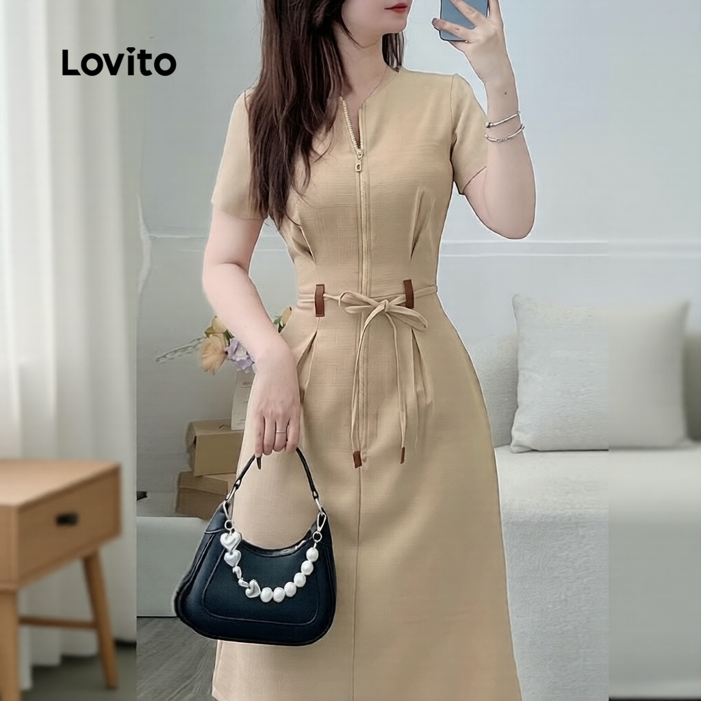 Lovito Vestido Casual Tecido Primavera Verão Khaki para Mulheres L171ED1062 em Oferta na Shopee