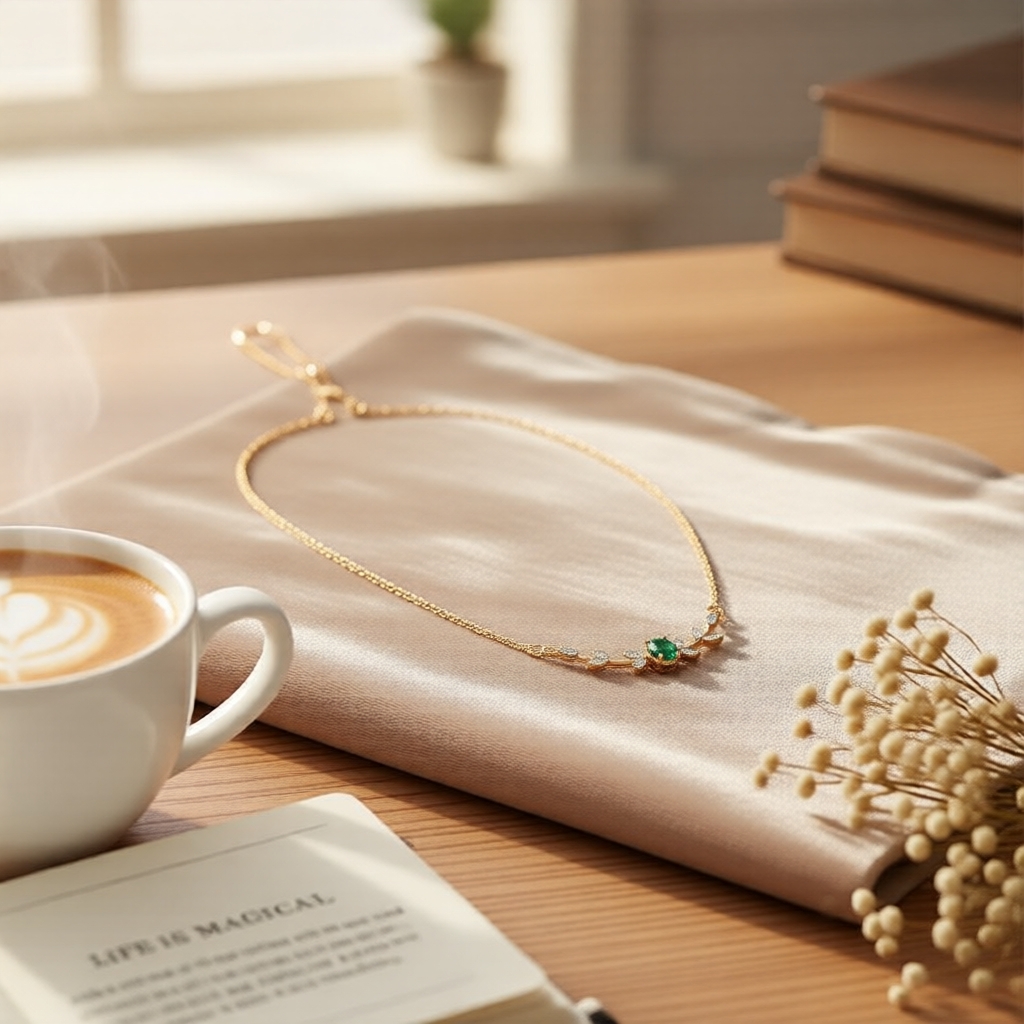 Colar Longo de Ramo Elegante em Cobre, Pingente de Folha com Zircônia