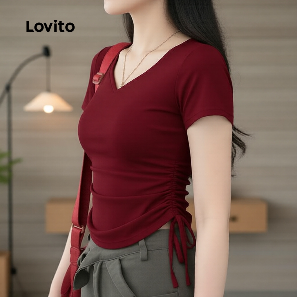 Lovito Camiseta Feminina de Primavera Verão em Renda Bege LK2EDD057