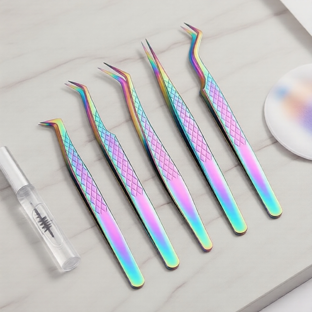 Kit de ferramentas para extensão de cílios: 5 pinças curvas com estojo, design de pena dourada