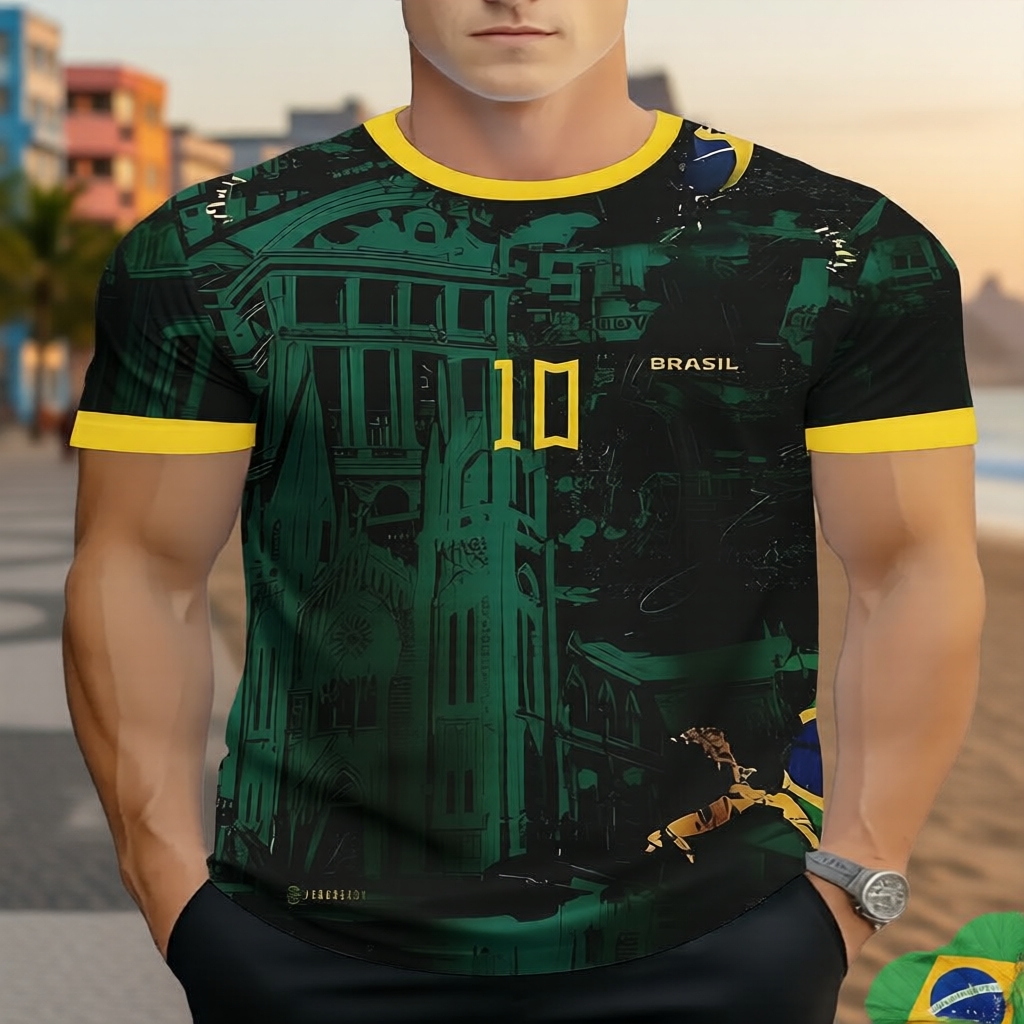  Camiseta Masculina de Verão Brasil #10 Estampada 3D | Contraste Verde-Amarelo | Pontos Turísticos & Ícones | Casual,