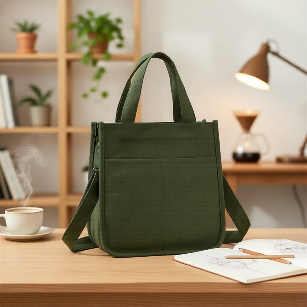 Bolsa tote grande de lona multicompartimentos com visual estilo ins; prática para o dia a dia, uso materno e