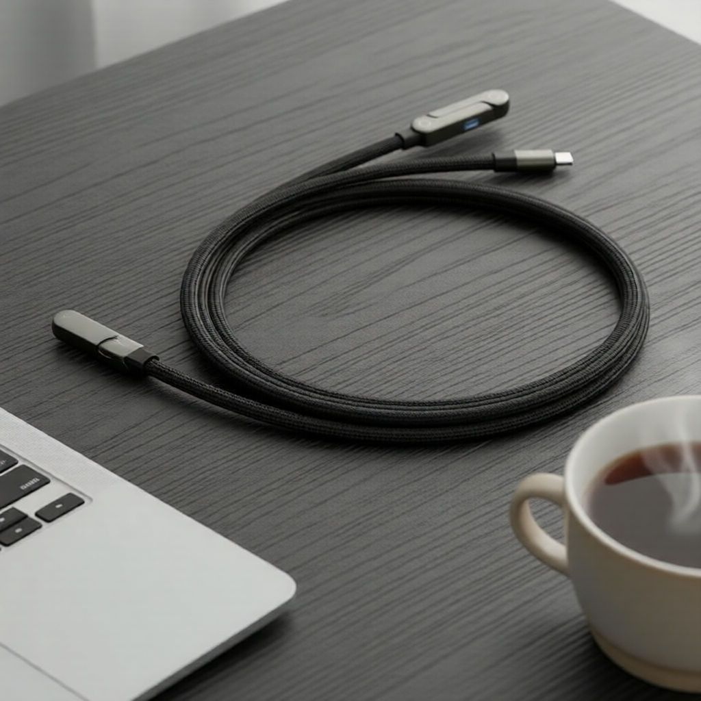 Cabo Carregador Rápido 240W USB-C para USB-C 2 em 1 com Suporte Dobrável, Fio de Dados Tipo-C & Suporte de Mesa