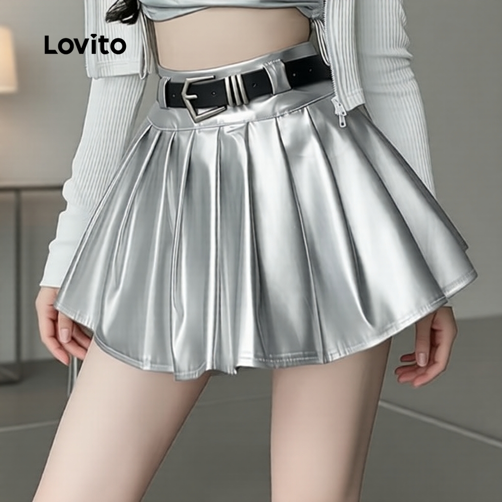 Lovito Casual Saia Plissada para Todas as Estações Saias Prateadas para Mulheres L159AD010