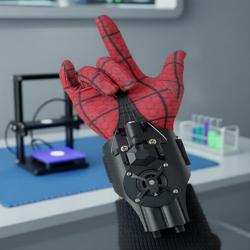  Lançador Automático de Teia de Aranha - Pulseira Brinquedo Tecnológico com Corda de Seda Preta