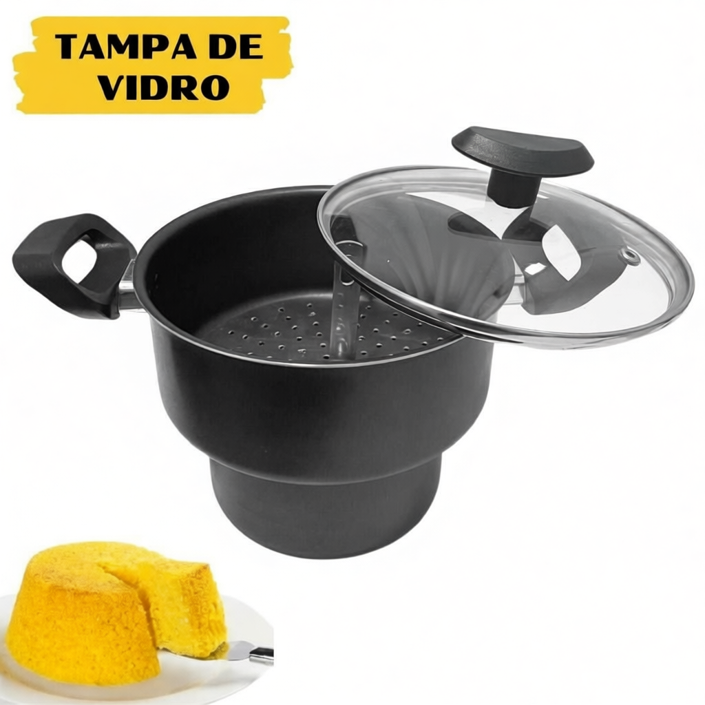 Cuscuzeira Antiaderente Com Tampa De Vidro Teflon Cuscuz Nordeste N16 Preto