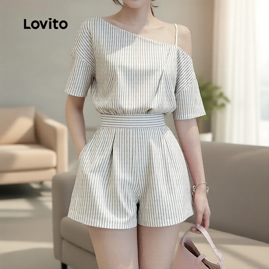 Lovito Casual Macacão Assimétrico Preto Branco Feminino Primavera Verão L158ED1250