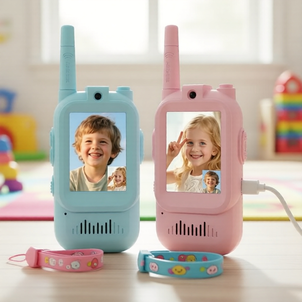 Conjunto de walkie-talkies para crianças azul-rosa, alternância rápida entre vídeo e voz, efeitos sonoros divertidos e