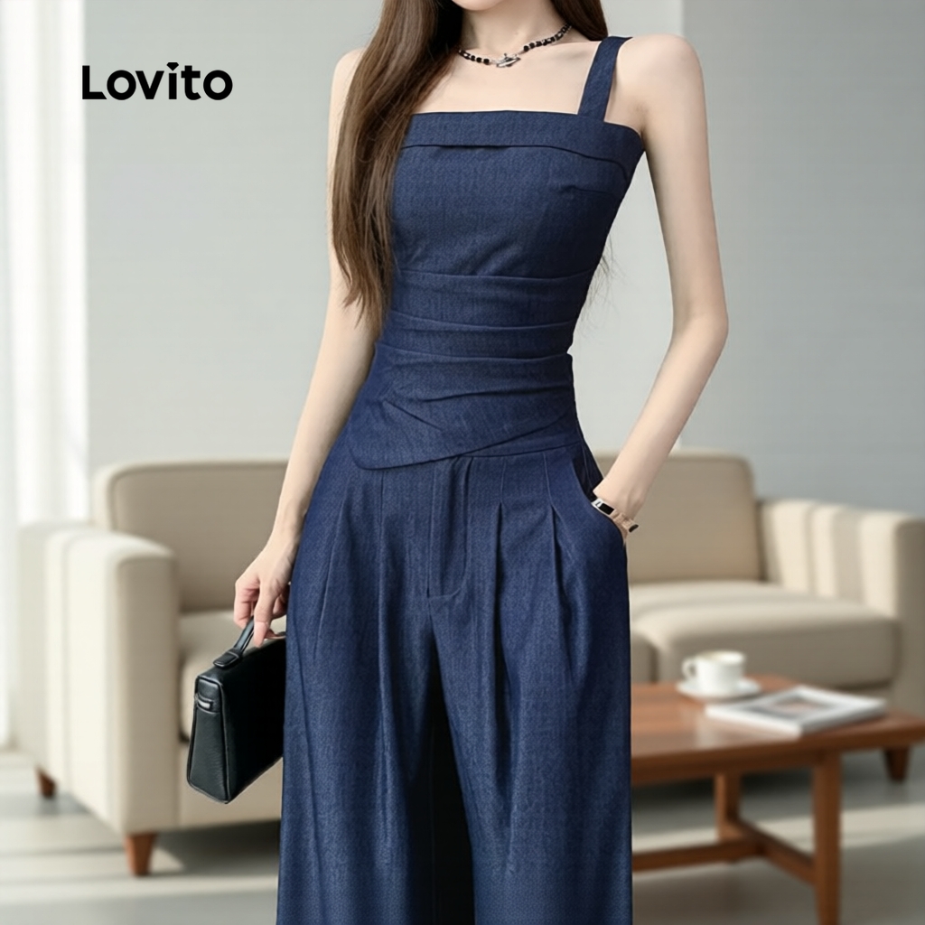 Lovito Refine Blusas ou Calças Casuais Plissadas Primavera/verão Conjunto Azul Escuro L166AD1002 em Oferta na Shopee