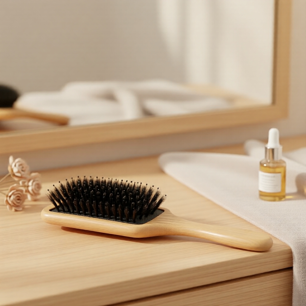 Conjunto de Escova e Pente Desembaraçador de Bambu – Massagem Suave no Couro Cabeludo para Cabelos Mais Fortes e Cheios