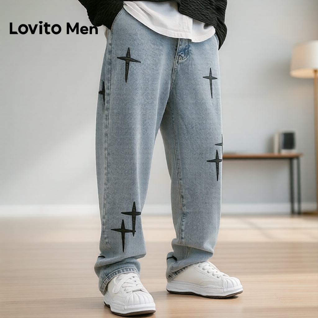 (NEW) Lovito Men Jeans Casuais de Bolso Primavera/verão Azul para Homens LNE131148 em Oferta na Shopee