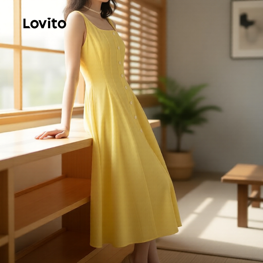(NEW) Lovito Vestido Casual com Botões Frente Primavera/verão Amarelo para Mulheres L177ED277