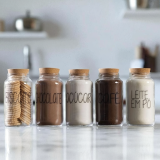 Kit Cantinho do Café | Café, Açúcar, Biscoito, Leite em Pó, Chocolate | 5 Potes de Vidro | Mantimento