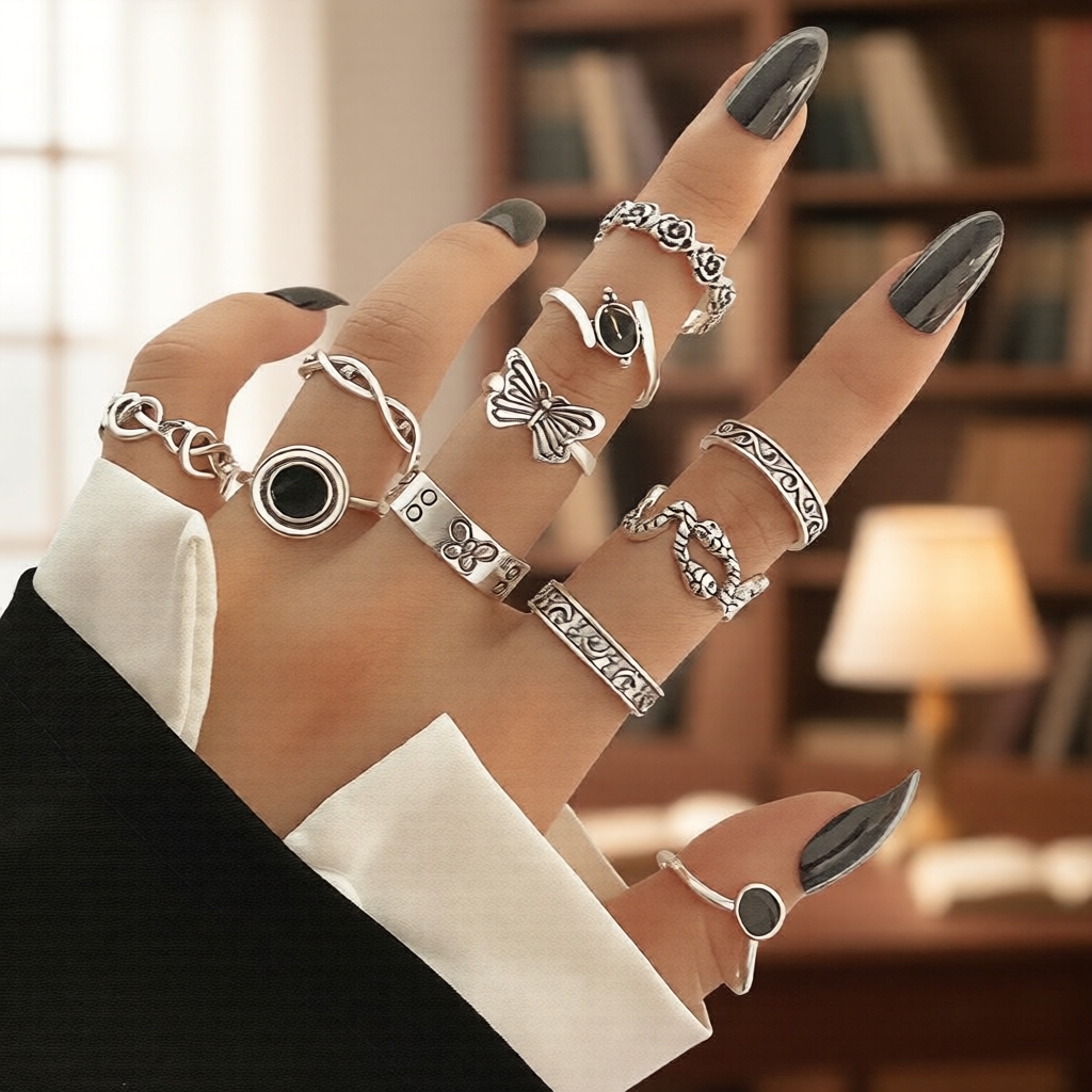Conjunto de 11 Anéis Borboleta e Cobra, Prata Preta, Estilo Retrô Hip Hop