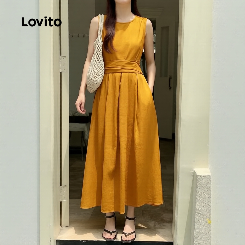Lovito Vestido Casual Feminino de Renda com Amarração para Primavera/Verão Curcuma L155AD078 em Oferta na Shopee