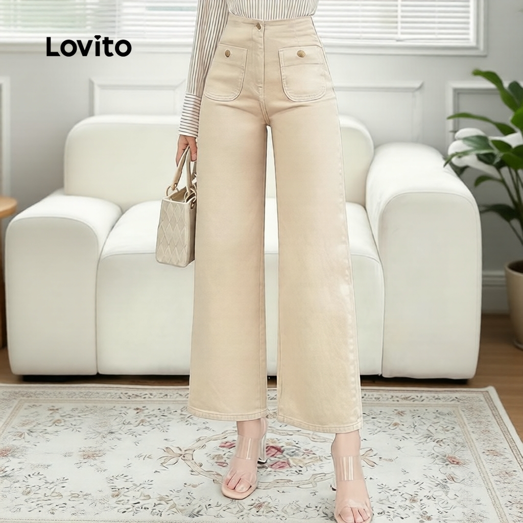 Lovito Elegante Calça Feminina Clássica e Versátil com Bolso para Primavera/Verão Khaki Clara LK2ED1349