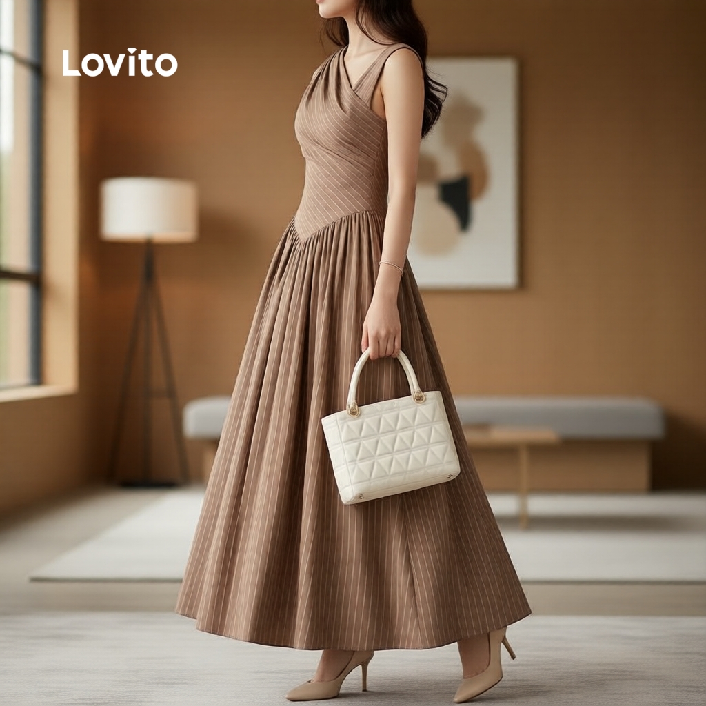 Lovito Refine Vestido Elegante Assimétrico Marrom para Mulheres Primavera/verão L164LD247