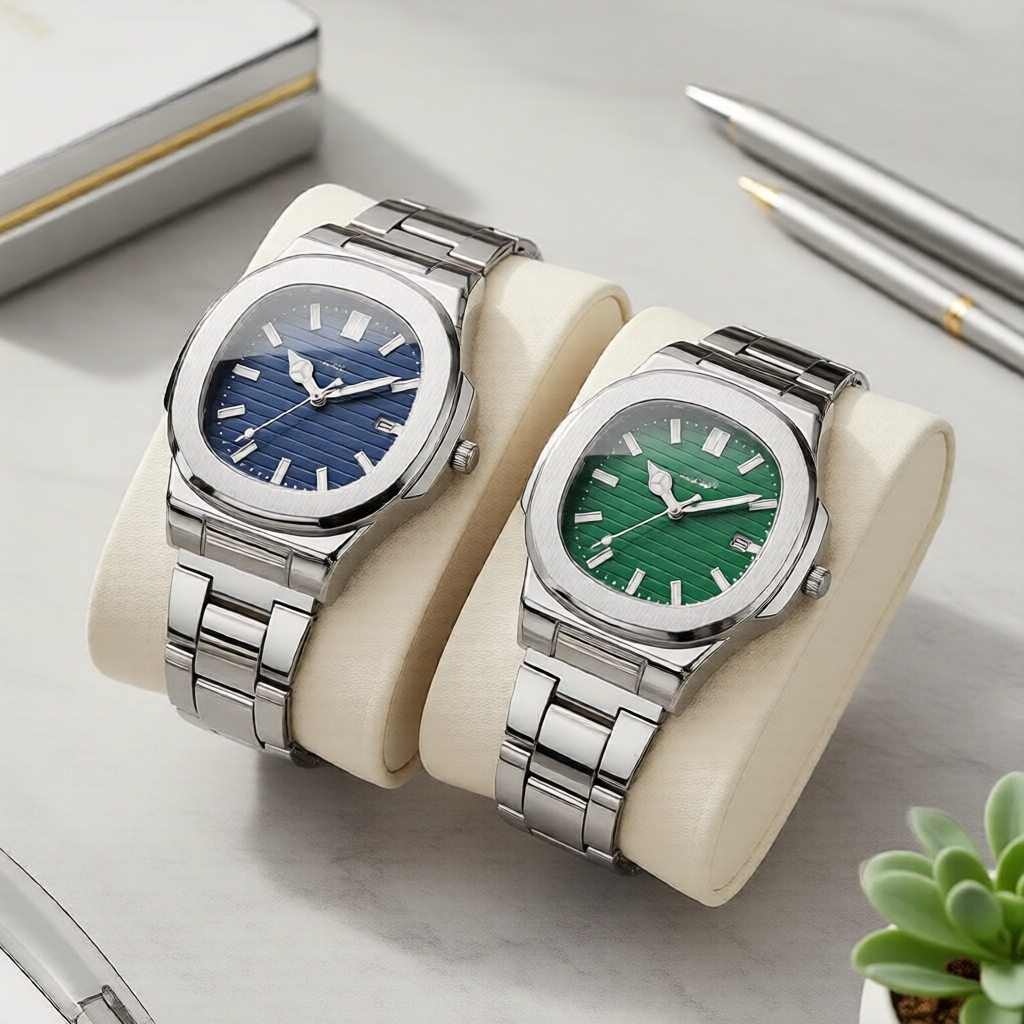 Relógio masculino de luxo com caixa quadrada em aço inoxidável e mostrador azul, ideal para uso diário e ocasiões