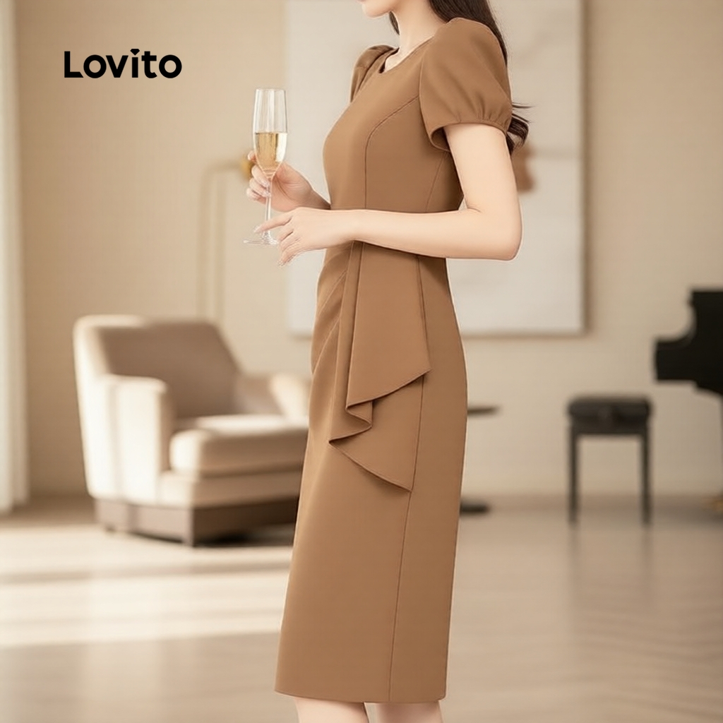 Lovito Vestido Assimétrico Vintage Feminino para Primavera e Verão Marrom L164ED1089