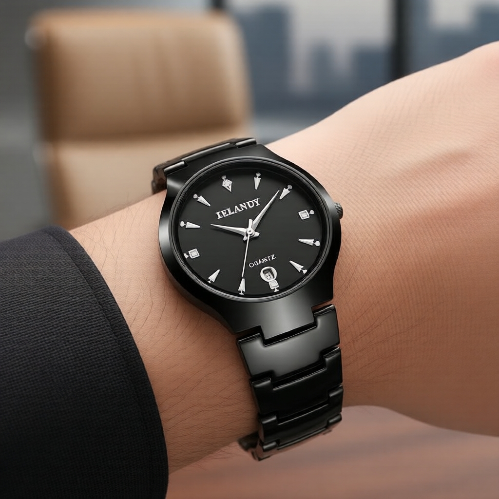 Relógio Masculino de Quartzo com Pulseira de Aço Inox Preto, Estilo Calendário de Negócios