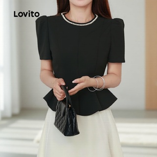 Lovito Refine Blusa Feminina Preta com Pérolas e Zíper Primavera/Verão. L171ED045 em Oferta na Shopee