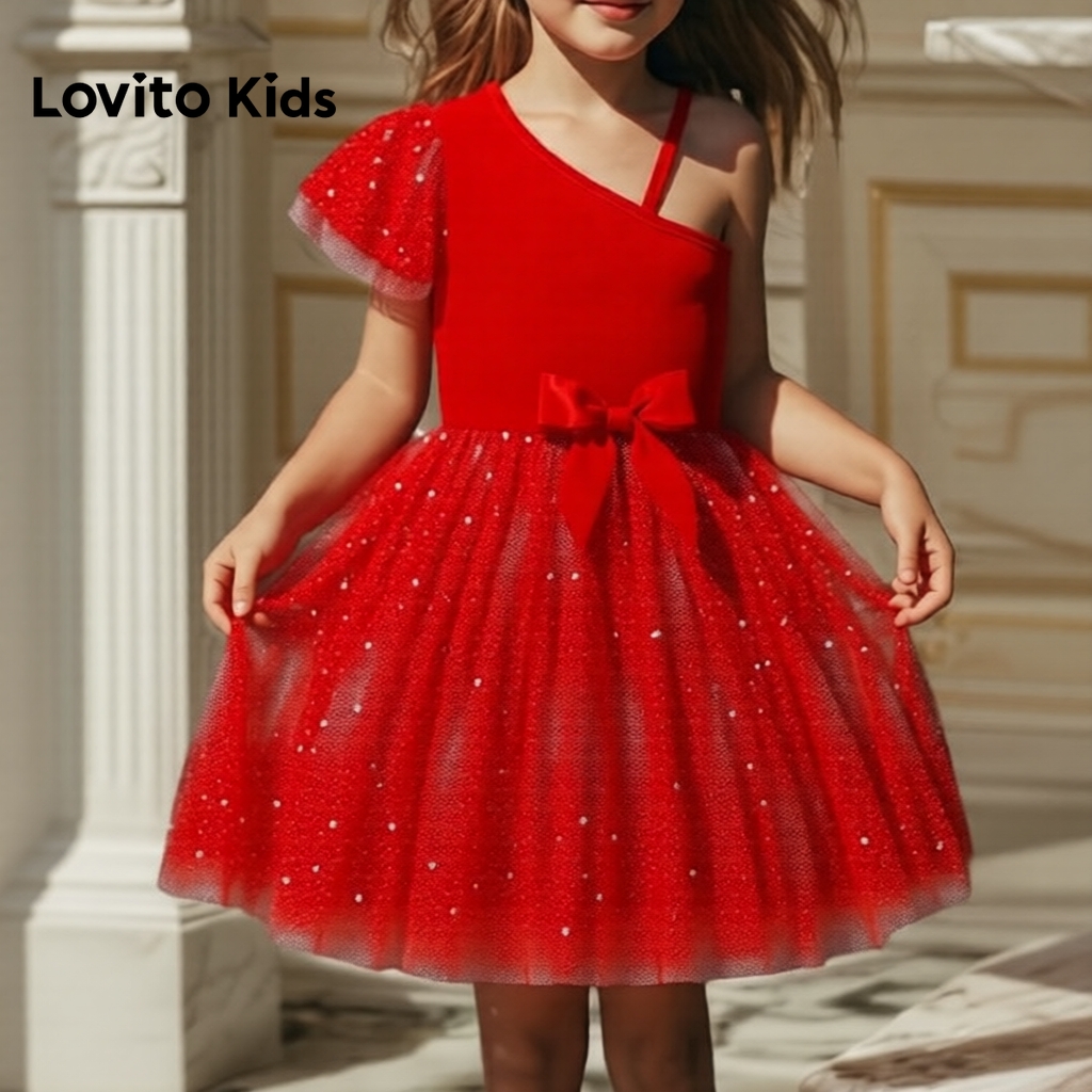 Lovito Refine Vestido Infantil Vermelho Assimétrico Para Festa Casual Primavera/verão LNL123288 em Oferta na Shopee