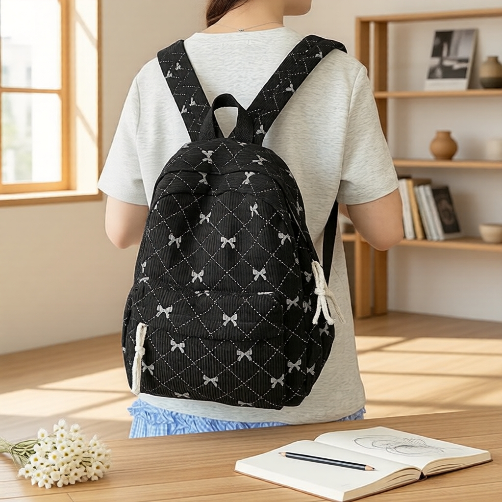 Mochila Feminina Coreana com Laço em Veludo Bege Fofa, Design Espaçoso com Cordão para Escola, Trabalho e Rotina Diária