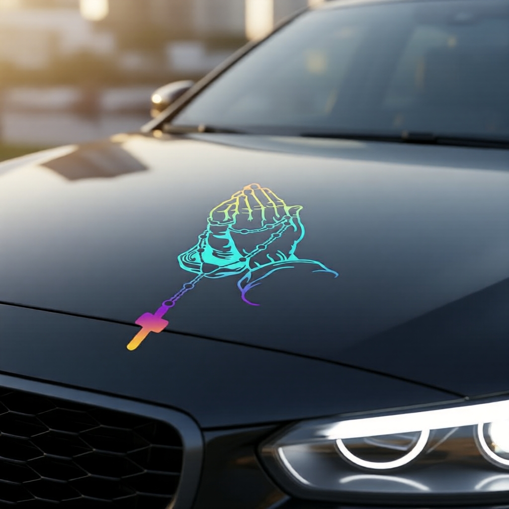  Adesivo de Vinil Cristão Religioso de Carro: Adesivo de Mãos em Oração com Terço 1 PC