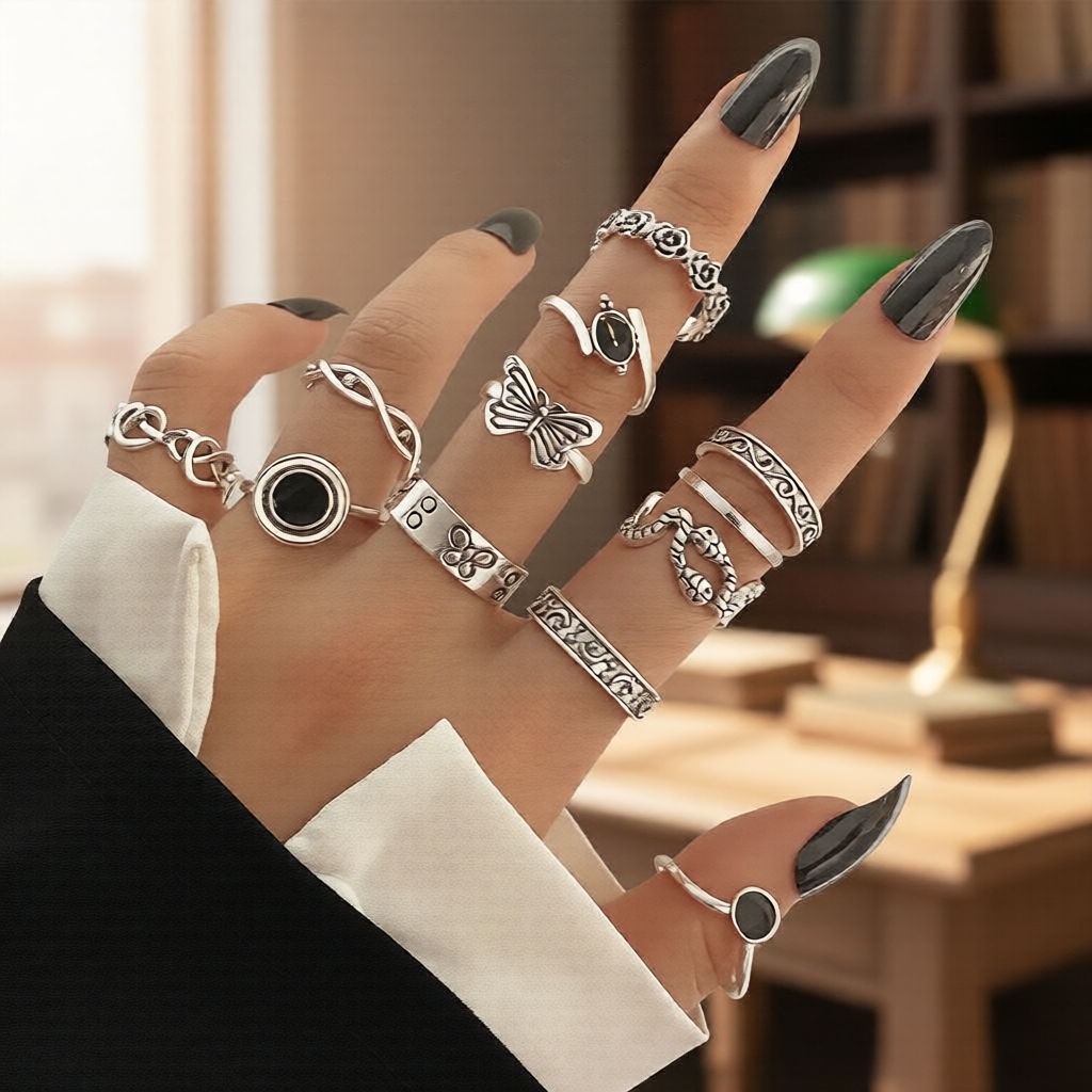 Conjunto de Anéis Femininos Hip Hop Retrô, 11 peças, Prata e Preto, Design de Borboleta e Cobra