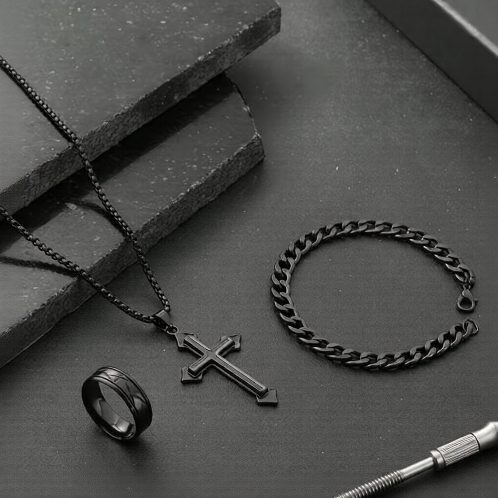  Conjunto de Joias Masculino Preto de 3 Peças: Colar, Pulseira e Anel, Estilo Esportivo