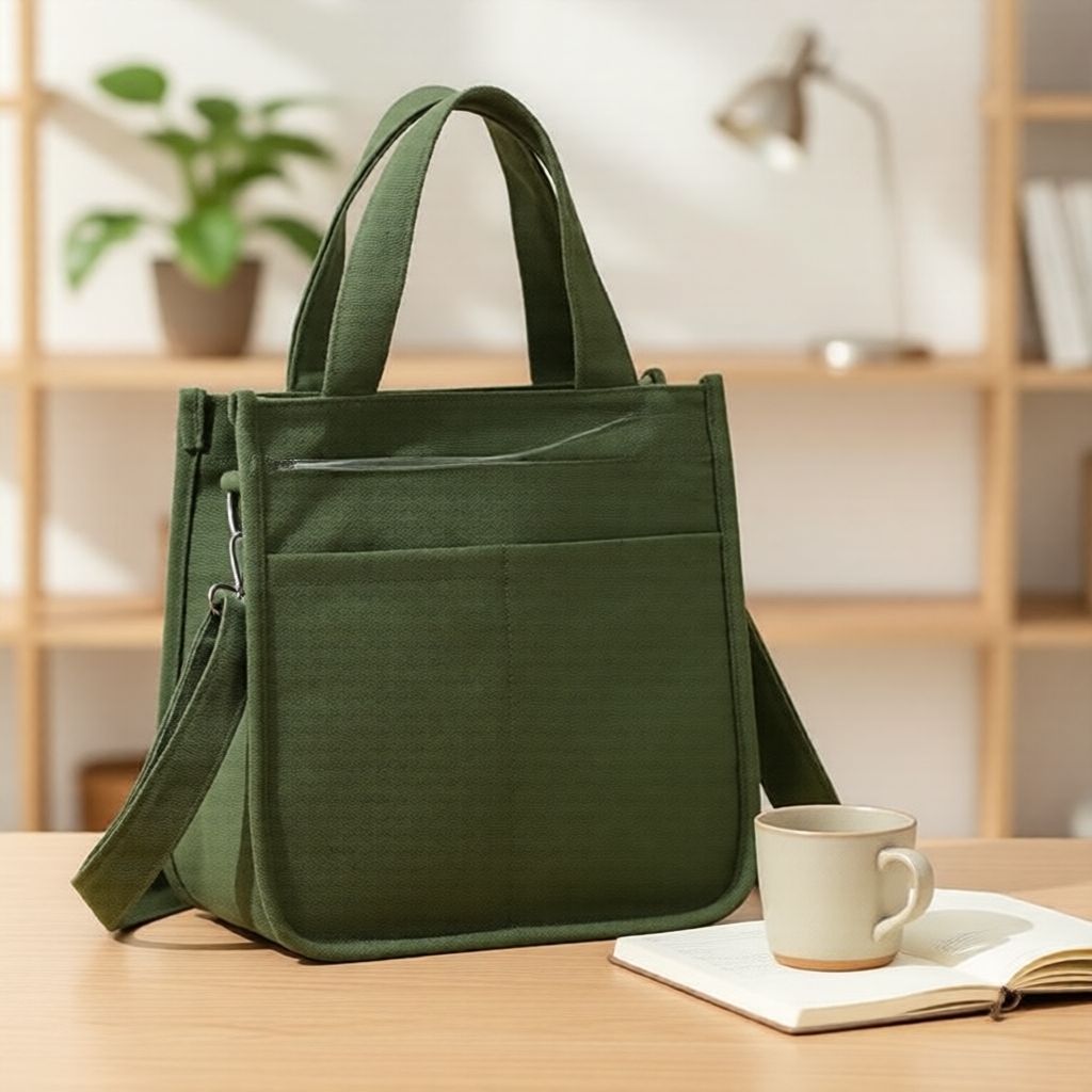 Bolsa tote de lona com inspiração no estilo ins, espaçosa e com vários compartartimentos—versátil para trabalho, itens