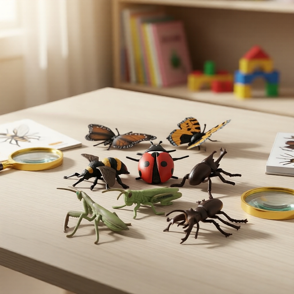 Conjunto de Figurinhas de Insetos Realistas - Gafanhoto, Abelha, Borboleta, Besouro para Crianças na Primavera
