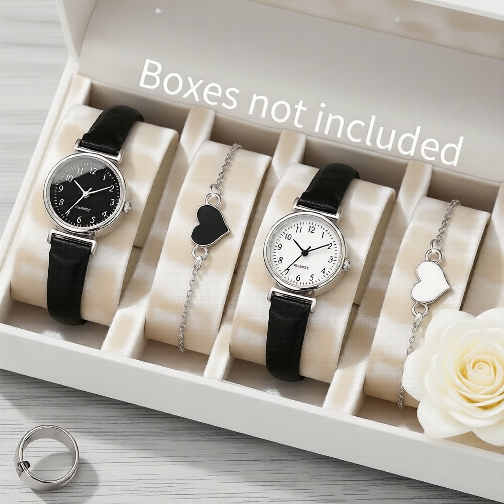 Conjunto Feminino 2 peças: Relógio de Quartzo com Pulseira de Couro e Pulseira de Coração, Sem Caixa de Presente