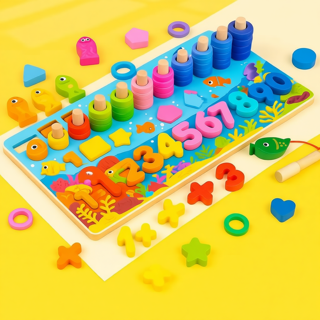 Brinquedo Educativo De Encaixe Madeira Pega Peixe Montessoriano Tabuleiro Somar